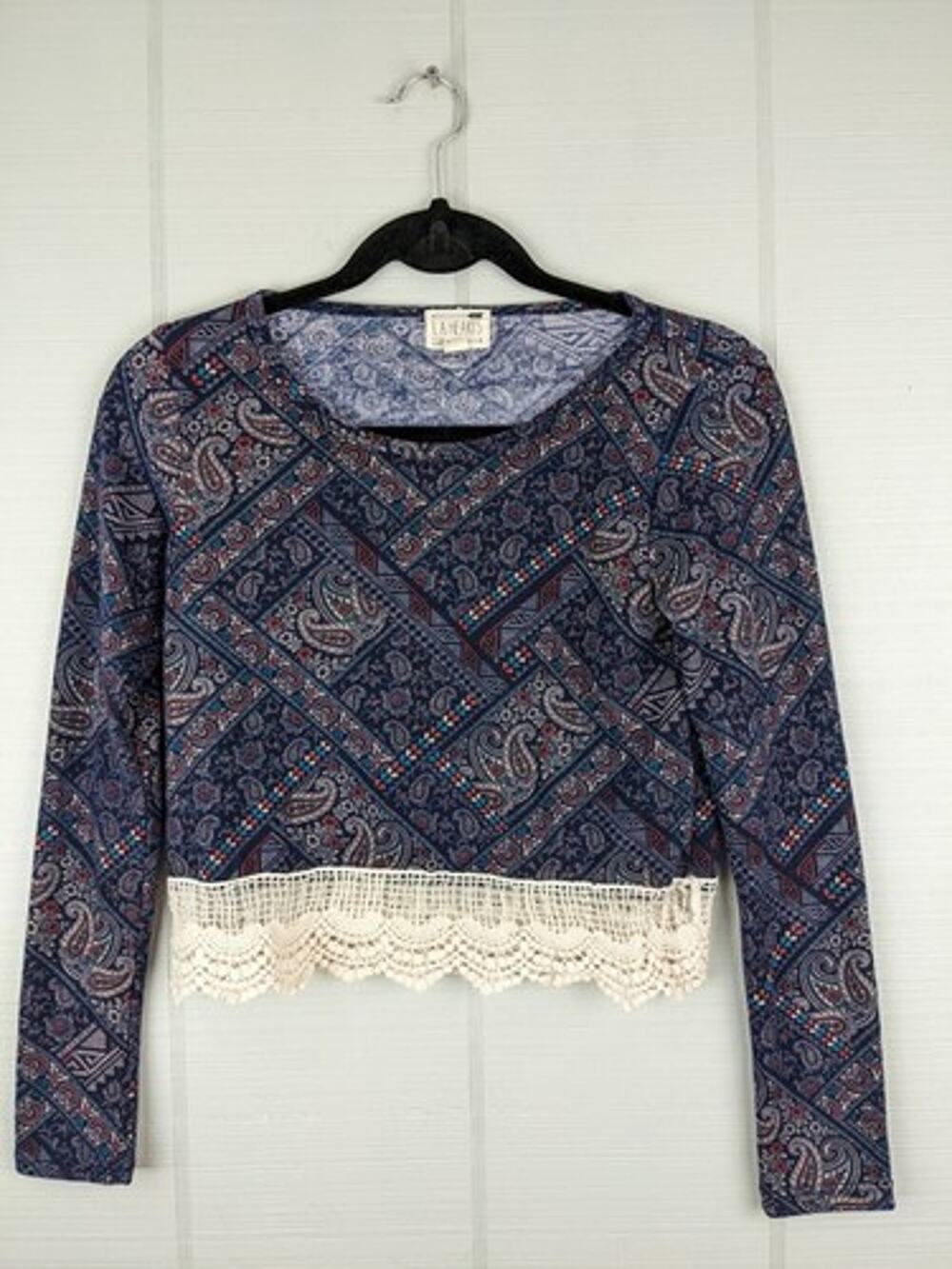LA Hearts Women S Cropped Top Paisley Blue Red Boho Crochet Lace Long Sleeve Y2K